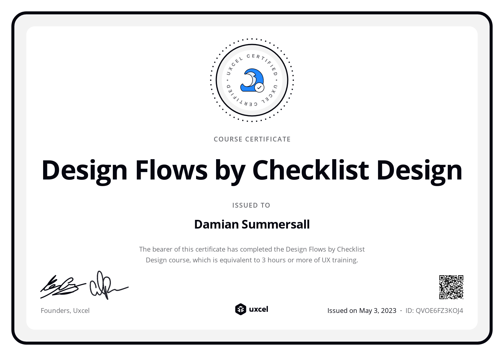 Damian Summersall's certificate